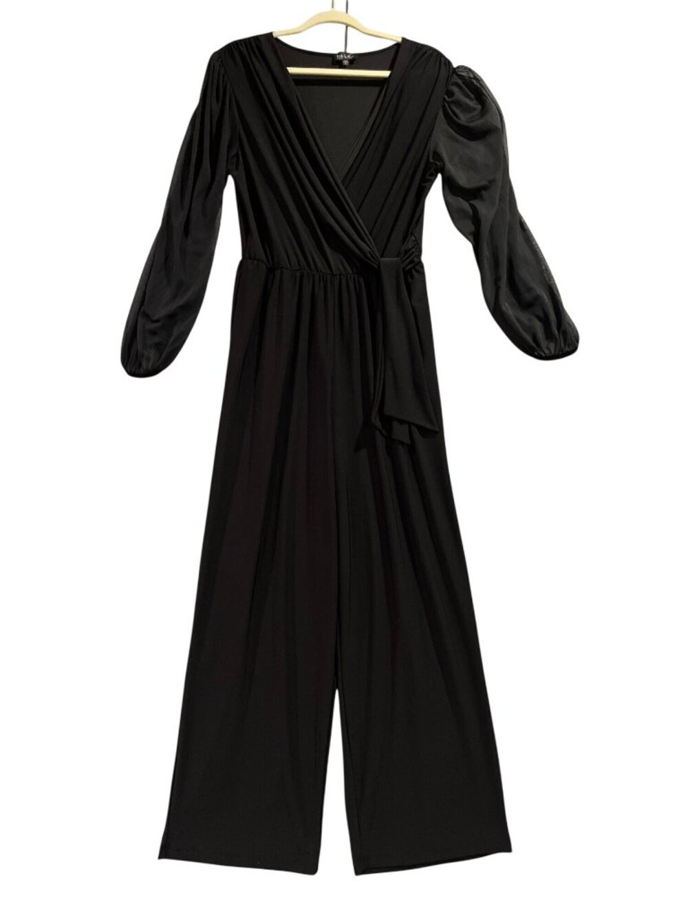 Nicole Miller Womens Large Black Sheer Long Sleeve Wrap Jumpsuit